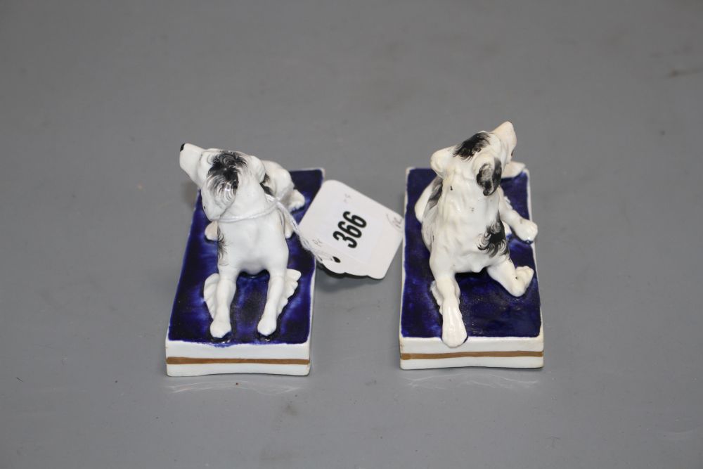 A pair of Staffordshire porcelain models of recumbent setters, c.1830-50, L. 11.5cm